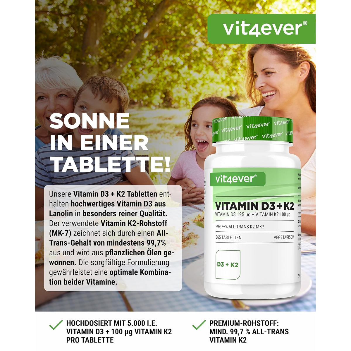 Vit4ever Vitamin D3 5000 IE + K2 100 µg 100-365 Tabletten – Etikett mit Inhaltsstoffen und Dosierung