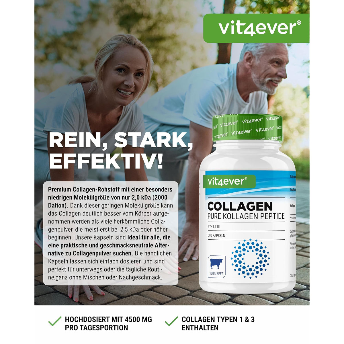 Vit4ever Rinderkollagen 4500 mg 300 Kapseln – Etikett mit Inhaltsstoffen und Dosierung