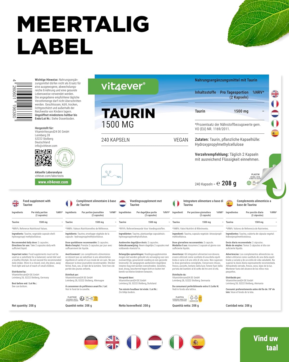 Taurin 1500mg | 240 Kapseln | Vit4ever