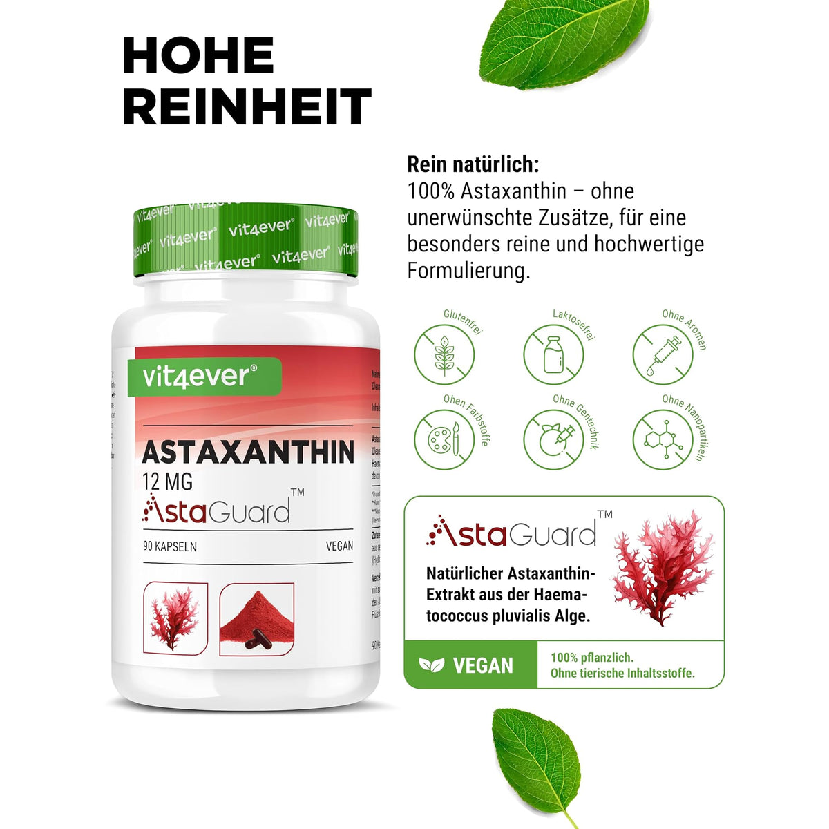 Vit4ever Astaxanthin 12mg AstaGuard® 90 Kapseln – Nährwerte und Zutaten auf der Verpackung
