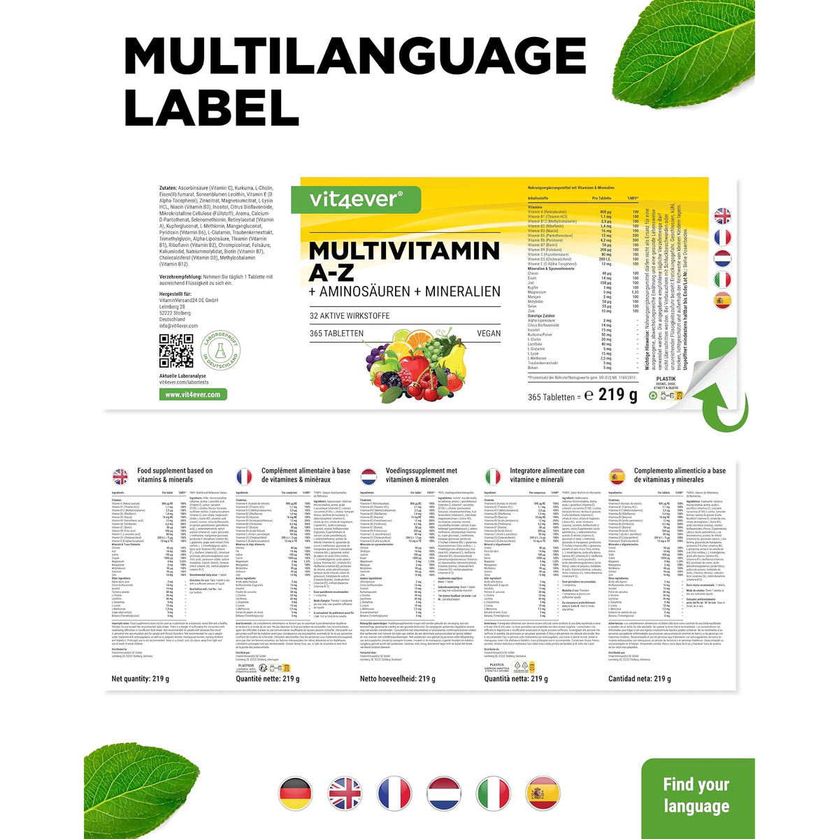 Vit4ever Multivitamin A-Z + Aminosäuren + Mineralien 365 Tabletten – mehrsprachiges Etikett