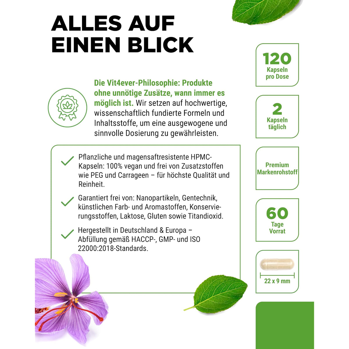 Vit4ever Safran-Extrakt Affron 30mg 120 Kapseln – Verpackung Rückseite