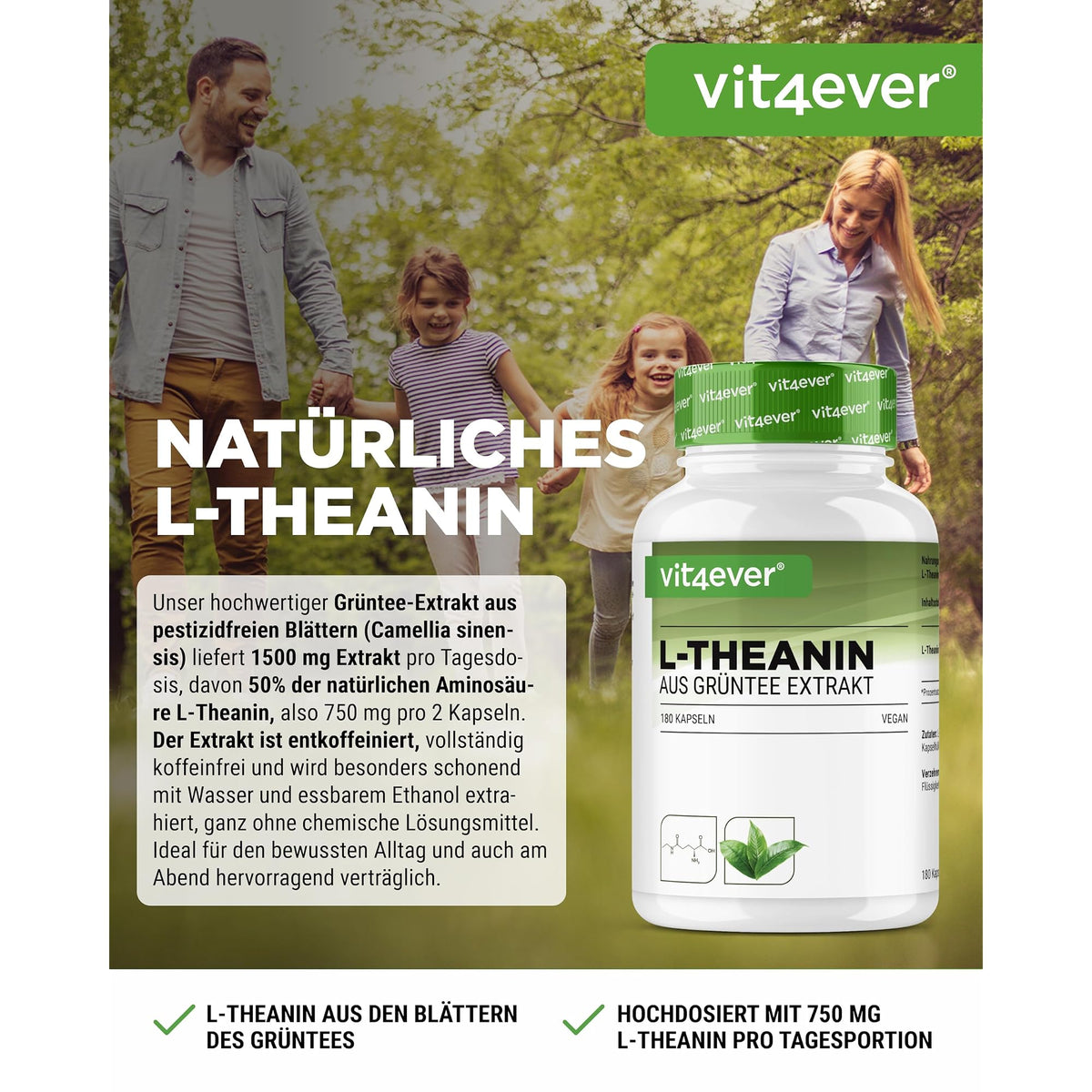 Vit4ever L-Theanin 750mg 180 Kapseln – Etikett mit Inhaltsstoffen und Dosierung