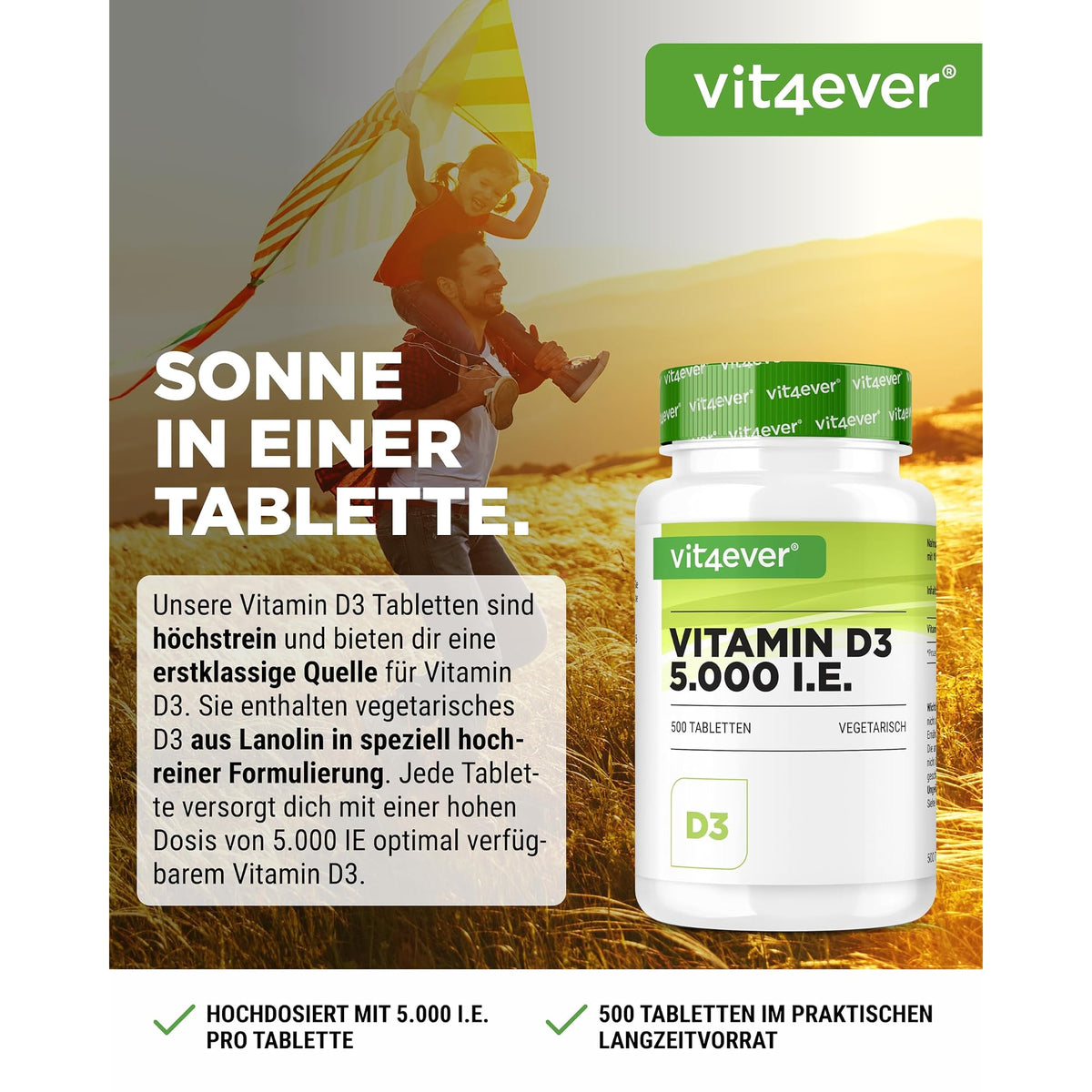 Vit4ever Vitamin D3 5000 IE Depot 500 Tabletten – Etikett mit Inhaltsstoffen und Dosierung