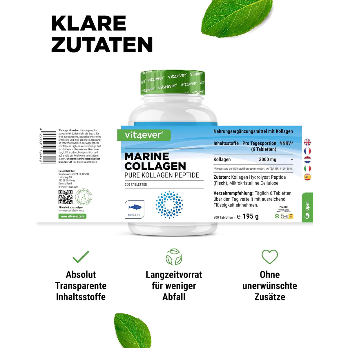 Vit4ever Marine Kollagen 3000mg (Fisch-Kollagen) 300 Tabletten – empfohlene Anwendung und Einnahme