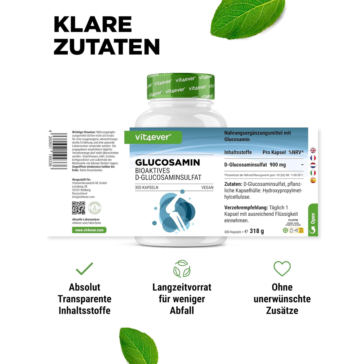 Vit4ever Glucosamin (D-Glucosaminsulfat) 900 mg 300 Kapseln – empfohlene Anwendung und Einnahme