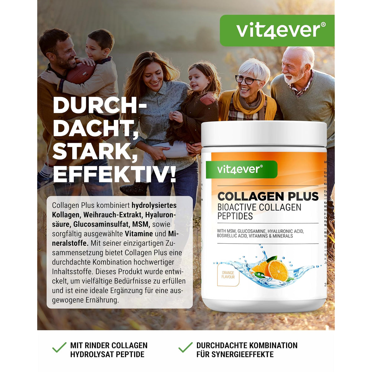 Vit4ever Collagen Plus Orange 500 g – Etikett mit Inhaltsstoffen und Dosierung