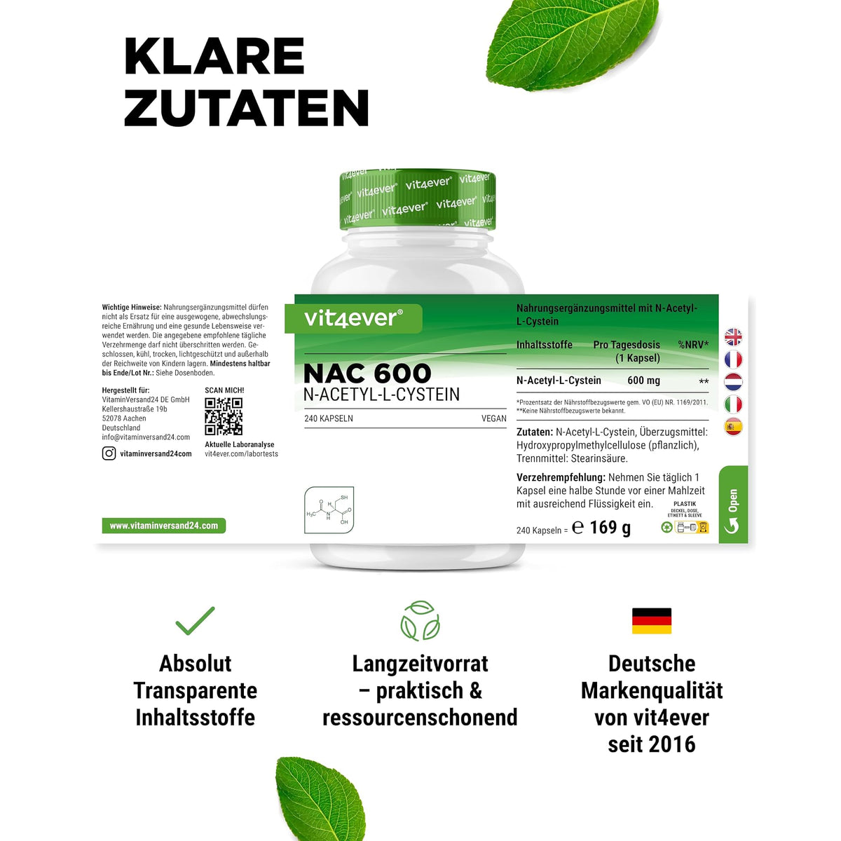 Vit4ever NAC N-Acetyl L-Cystein 600 mg 240 Kapseln – Verpackung Rückseite