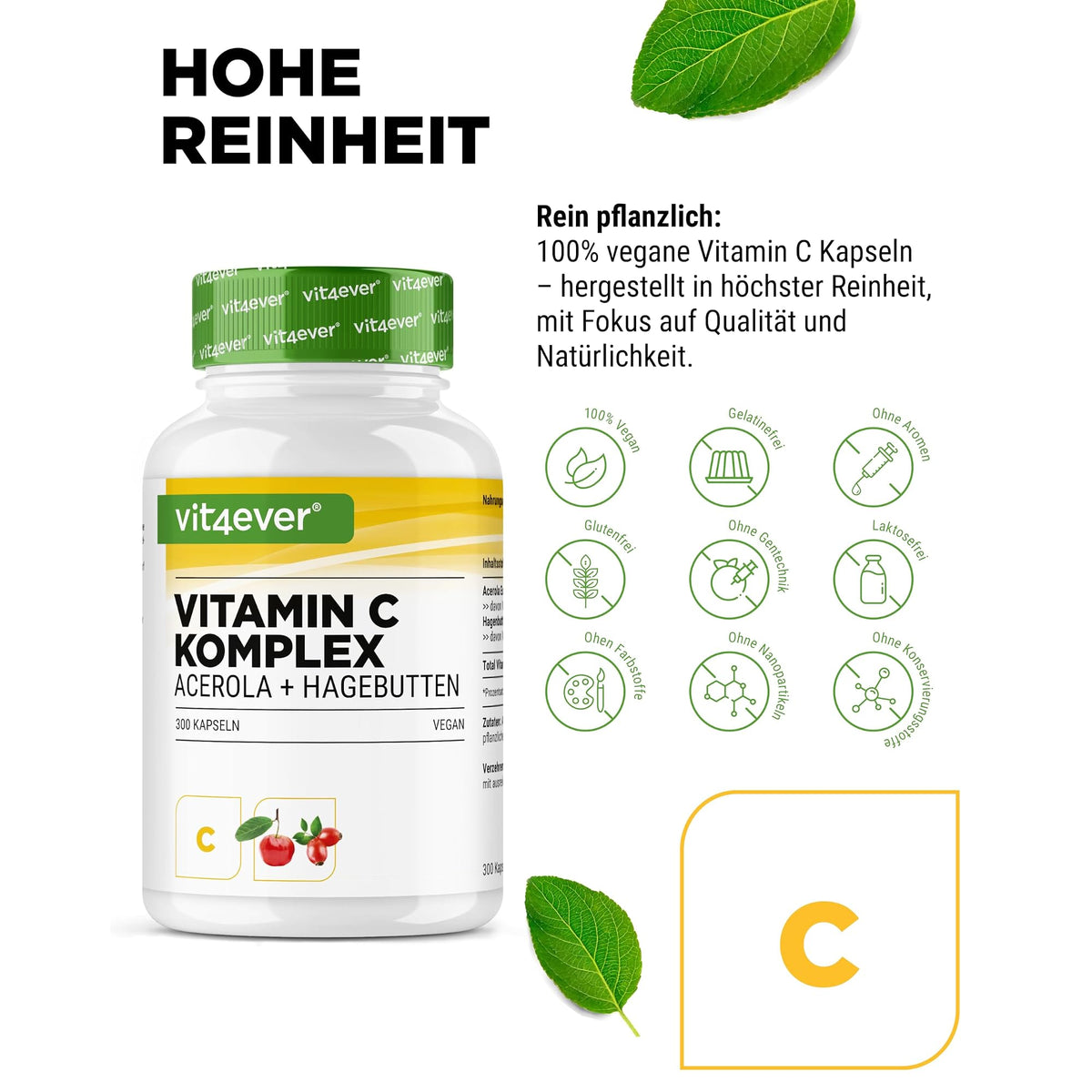 Vit4ever Vitamin C Complex (Acerola + Hagebutte) 300 Kapseln – Nährwerte und Zutaten auf der Verpackung