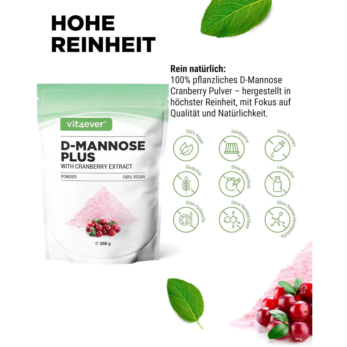 Vit4ever D-Mannose + Cranberry Pulver 250 g – Nährwerte und Zutaten auf der Verpackung