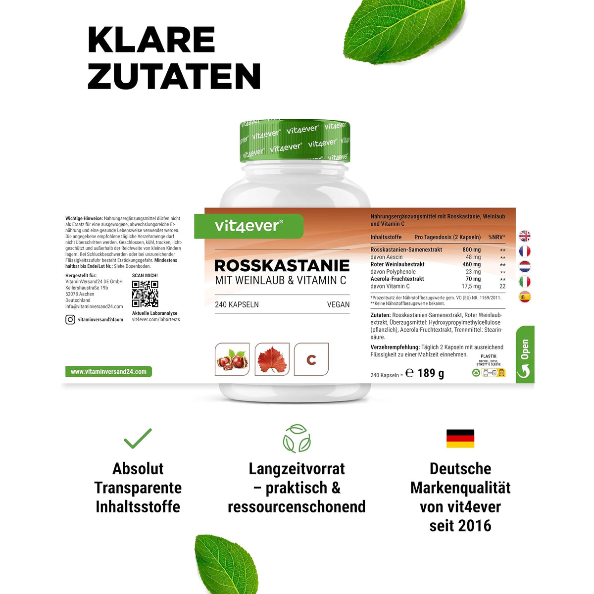 Vit4ever Rosskastanie & Rotes Weinlaub mit Vitamin C 240 Kapseln – empfohlene Anwendung und Einnahme