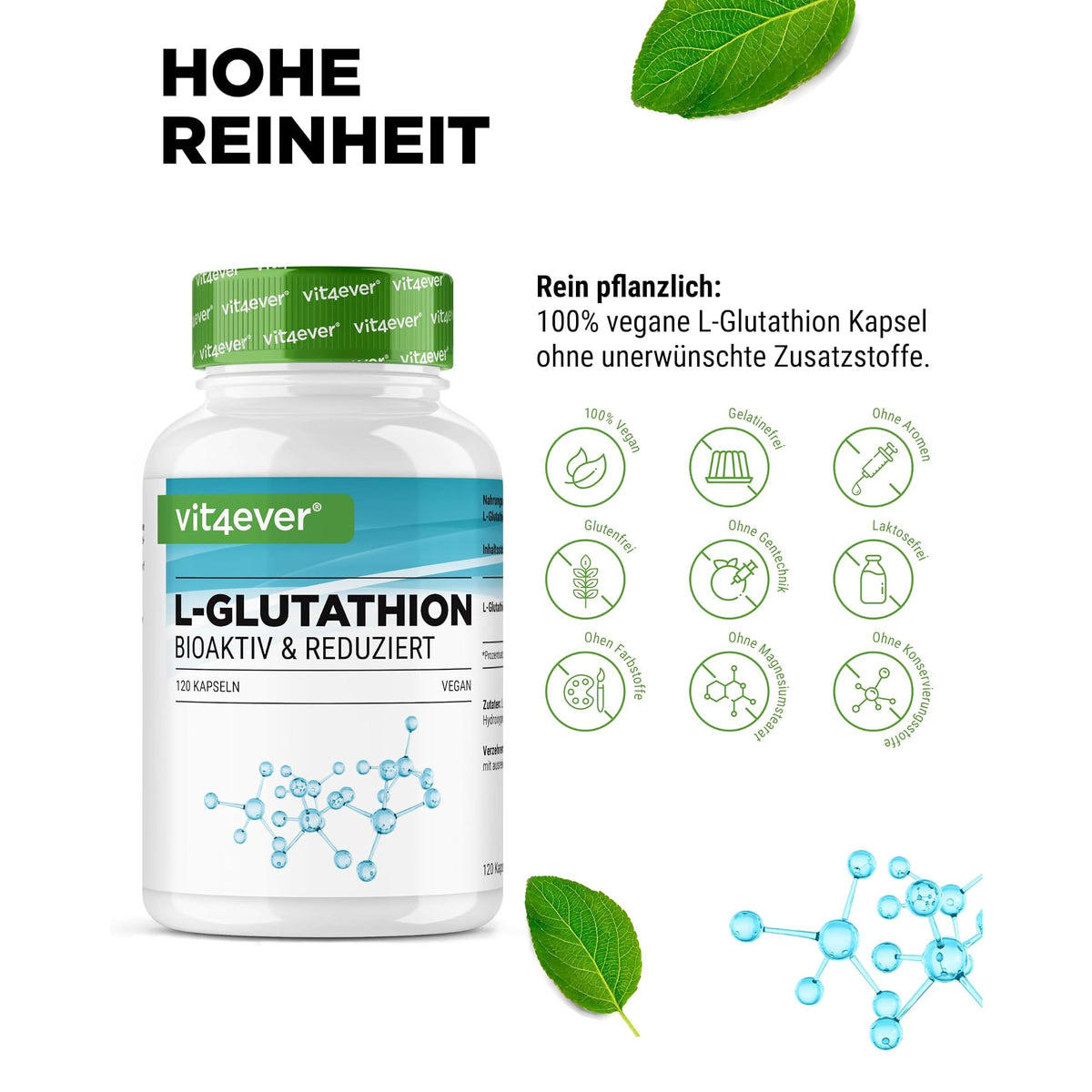 Vit4ever L-Glutathion 500mg 120 Kapseln – Nährwerte und Zutaten auf der Verpackung