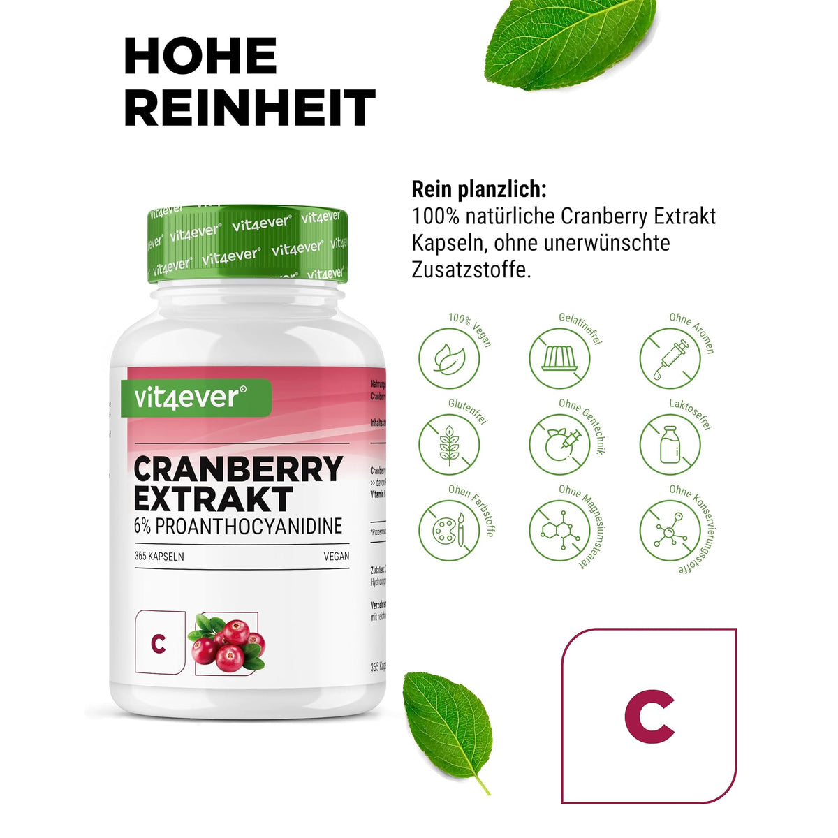 Vit4ever Cranberry-Extrakt 6% Proanthocyanidine 365 Kapseln – Nährwerte und Zutaten auf der Verpackung