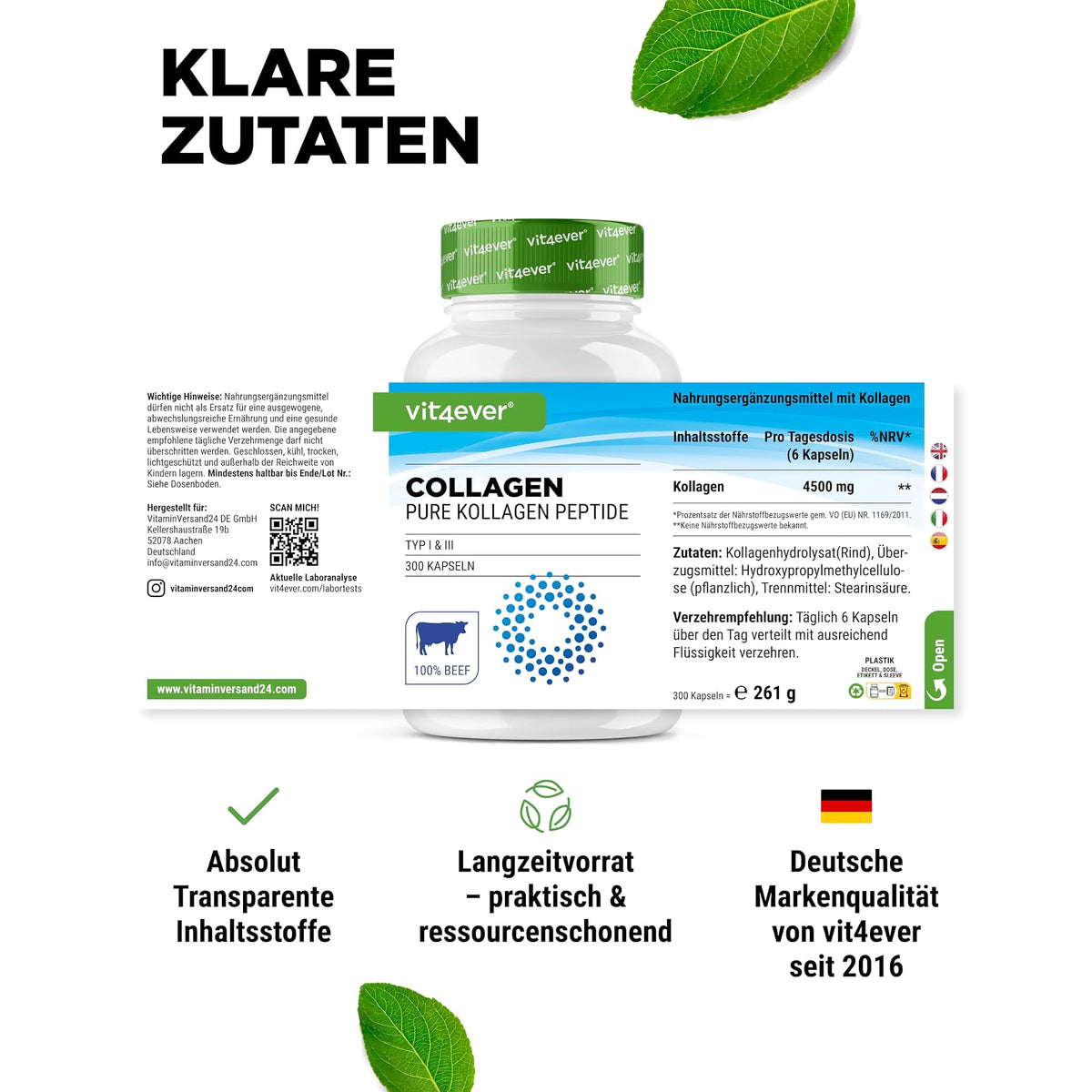 Vit4ever Rinderkollagen 4500 mg 300 Kapseln – Verpackung Rückseite