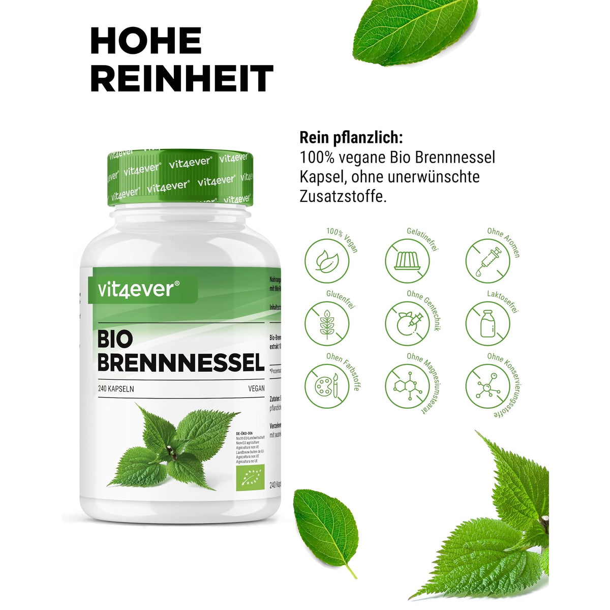 Vit4ever Bio Brennnessel-Extrakt 10:1 240 Kapseln – Nährwerte und Zutaten auf der Verpackung