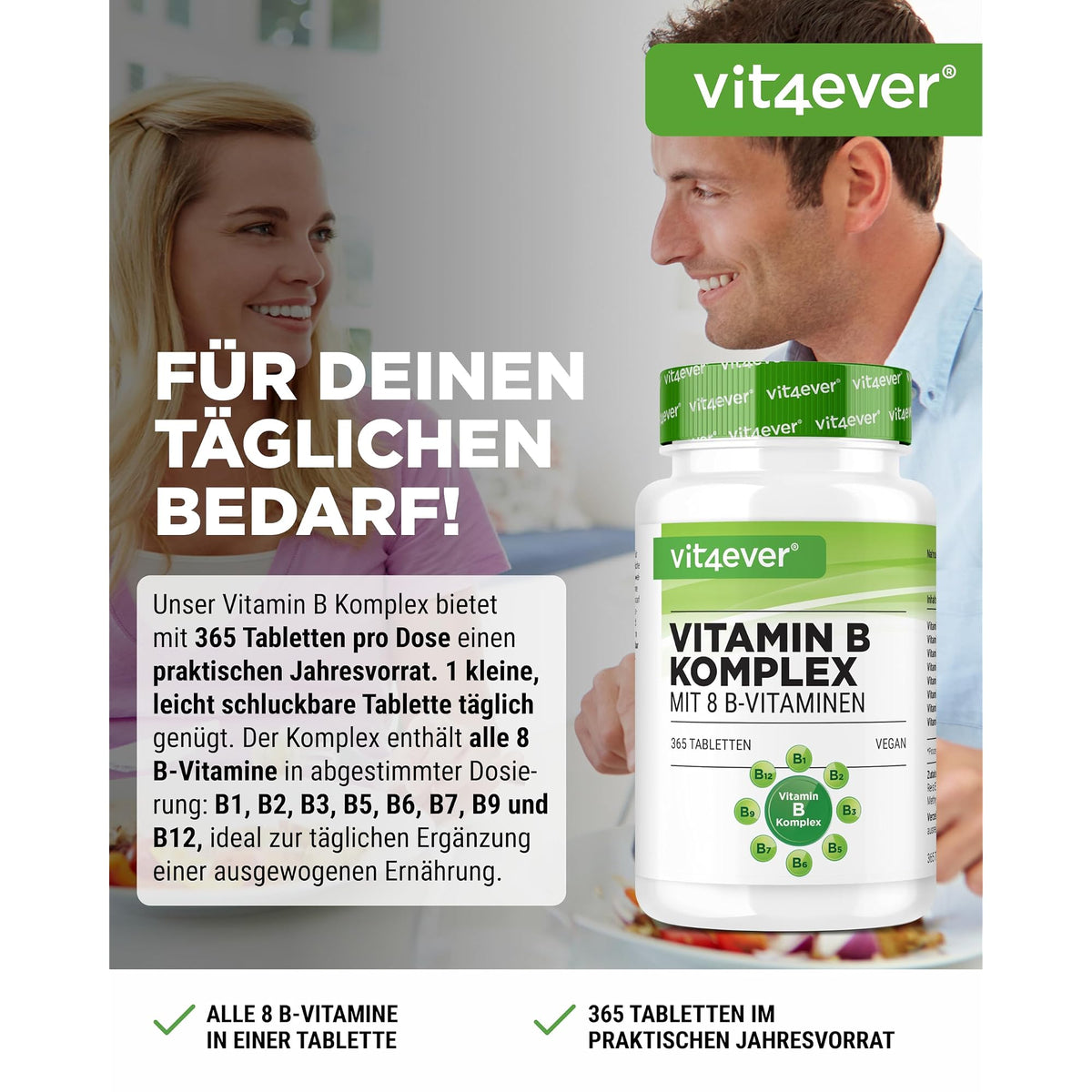 Vit4ever Vitamin B-Komplex 365 Tabletten – Etikett mit Inhaltsstoffen und Dosierung