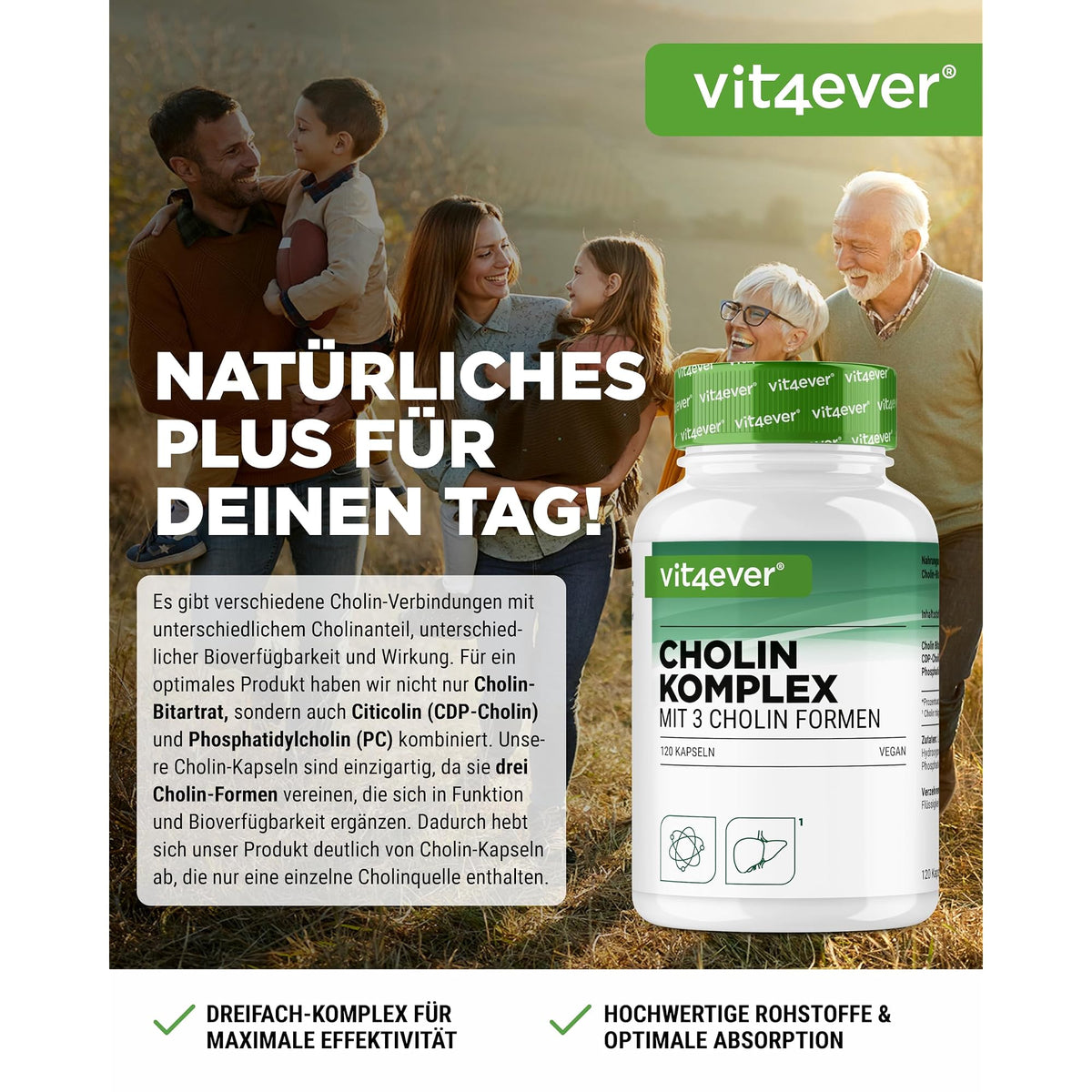 Vit4ever Cholin-Komplex mit 3 Formen 120 Kapseln – Etikett mit Inhaltsstoffen und Dosierung