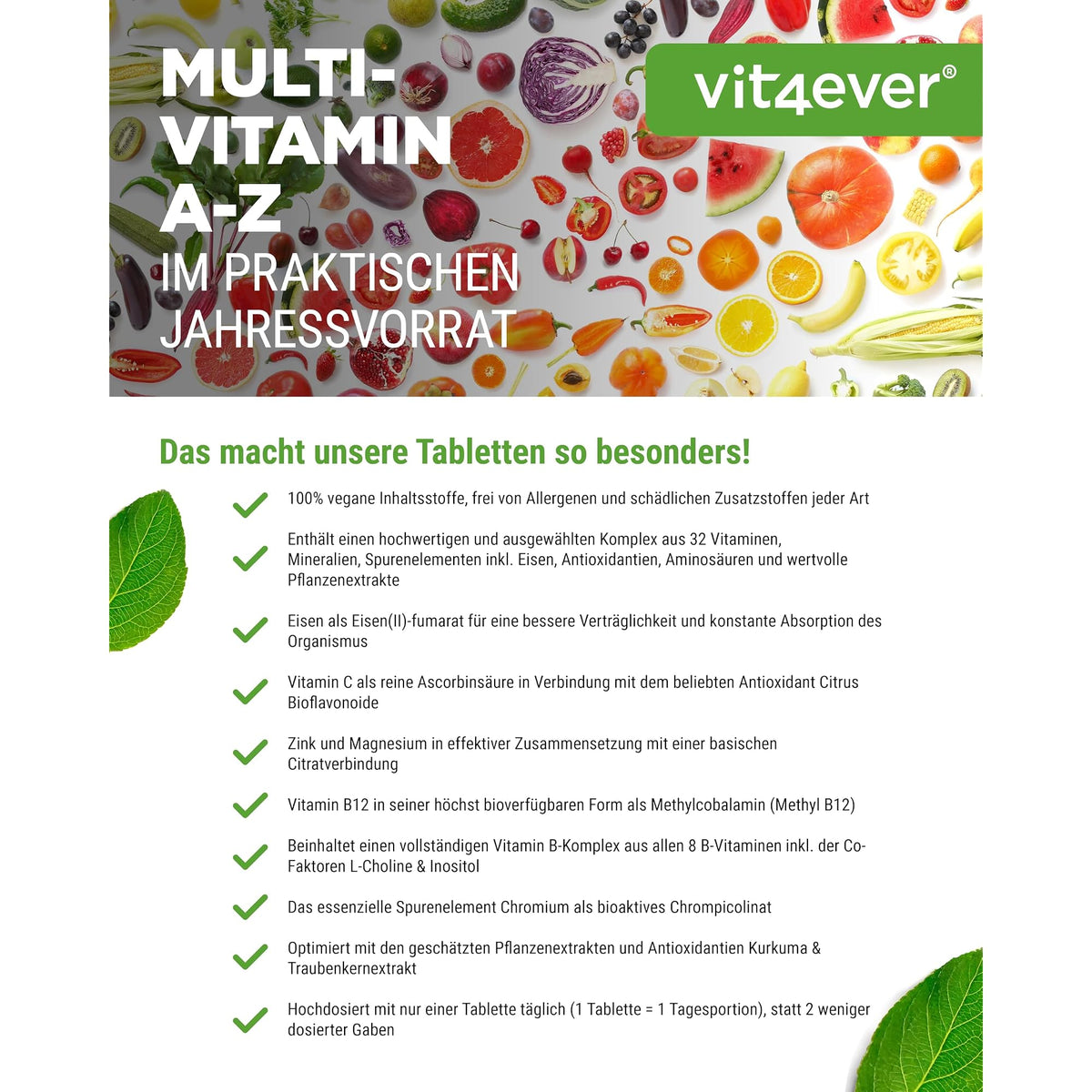 Vit4ever Multivitamin A-Z + Aminosäuren + Mineralien 365 Tabletten – Nährwerte und Zutaten auf der Verpackung