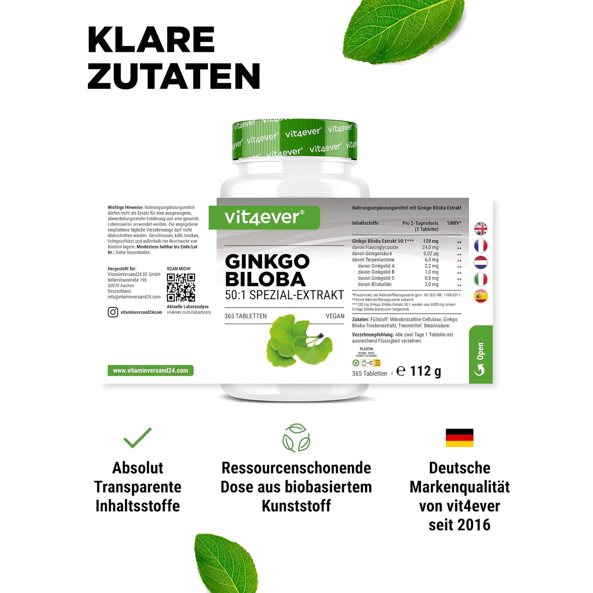 Vit4ever Ginkgo Biloba 50:1 Extrakt 365 Tabletten – empfohlene Anwendung und Einnahme