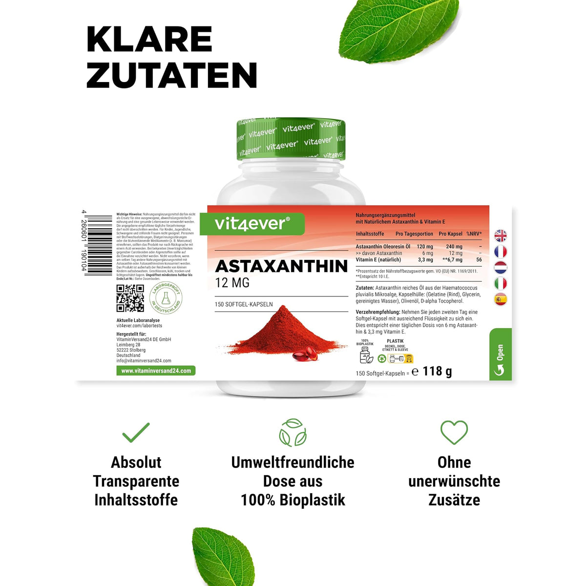 Vit4ever Astaxanthin 12mg 150 Softgels – empfohlene Anwendung und Einnahme