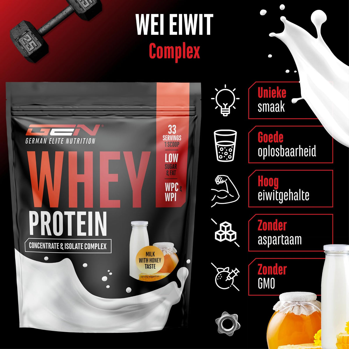 GEN Whey Protein Complex Melk met honing 1 kg - WPC en WPI mix, hoge oplosbaarheid, zonder aspartaam