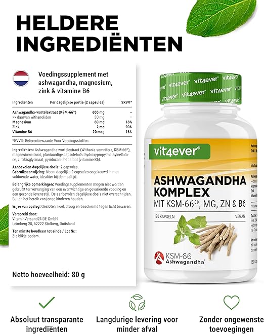 Ashwagandha KSM-66 Complex (mit Magnesium, Zink & B6) | 180 Kapseln | Vit4ever