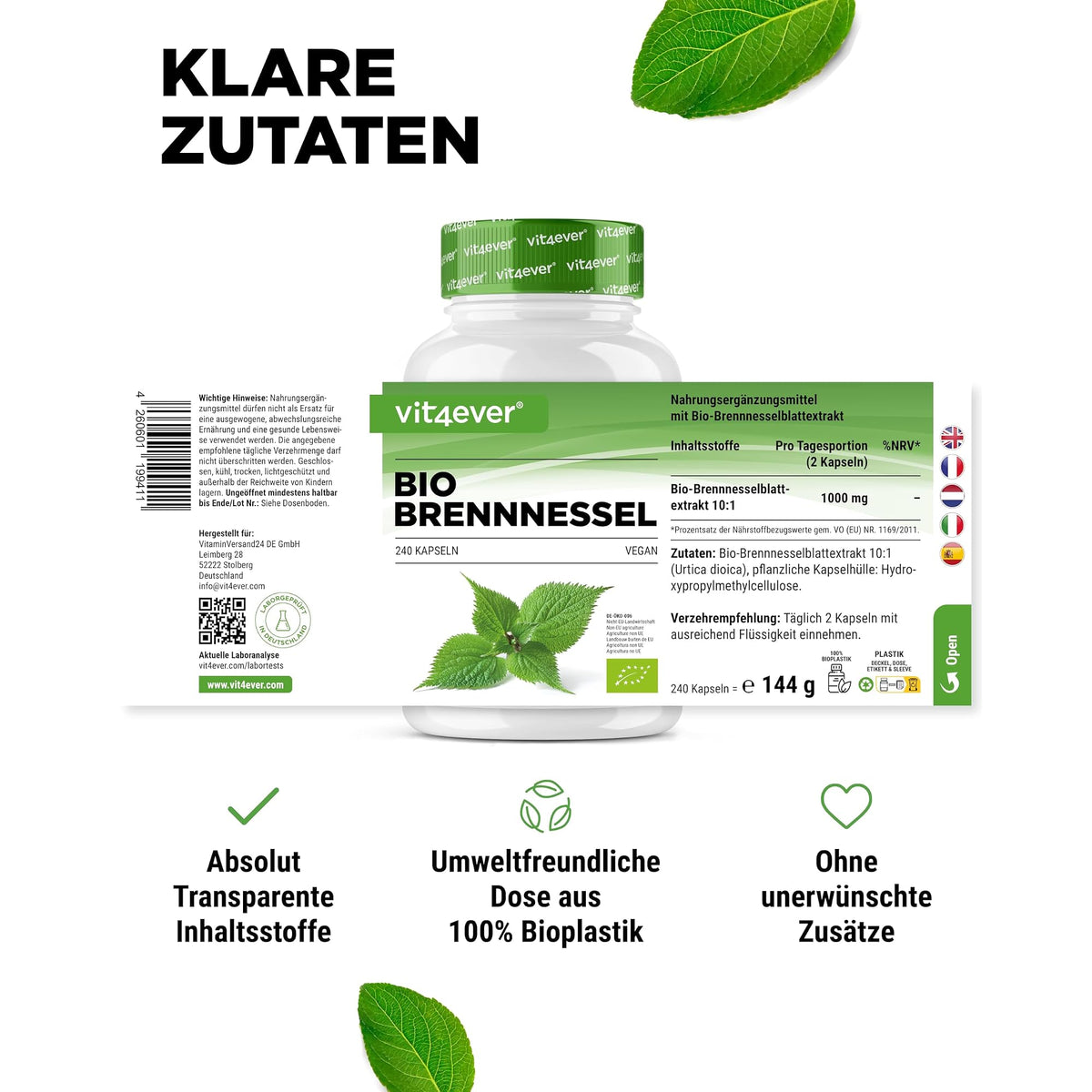 Vit4ever Bio Brennnessel-Extrakt 10:1 240 Kapseln – empfohlene Anwendung und Einnahme