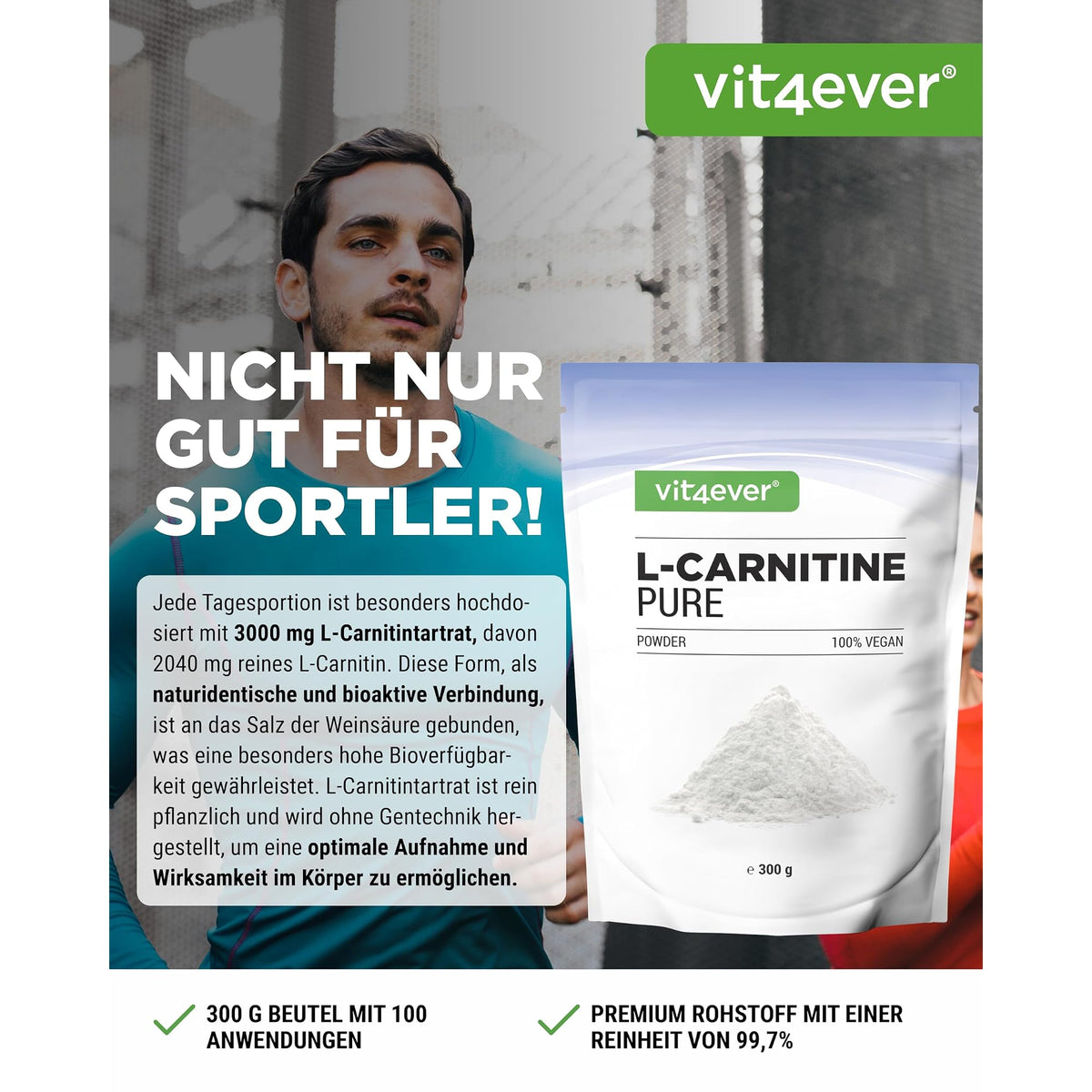 Vit4ever L-Carnitin Pulver Tartrat 300 Gramm – Etikett mit Inhaltsstoffen und Dosierung