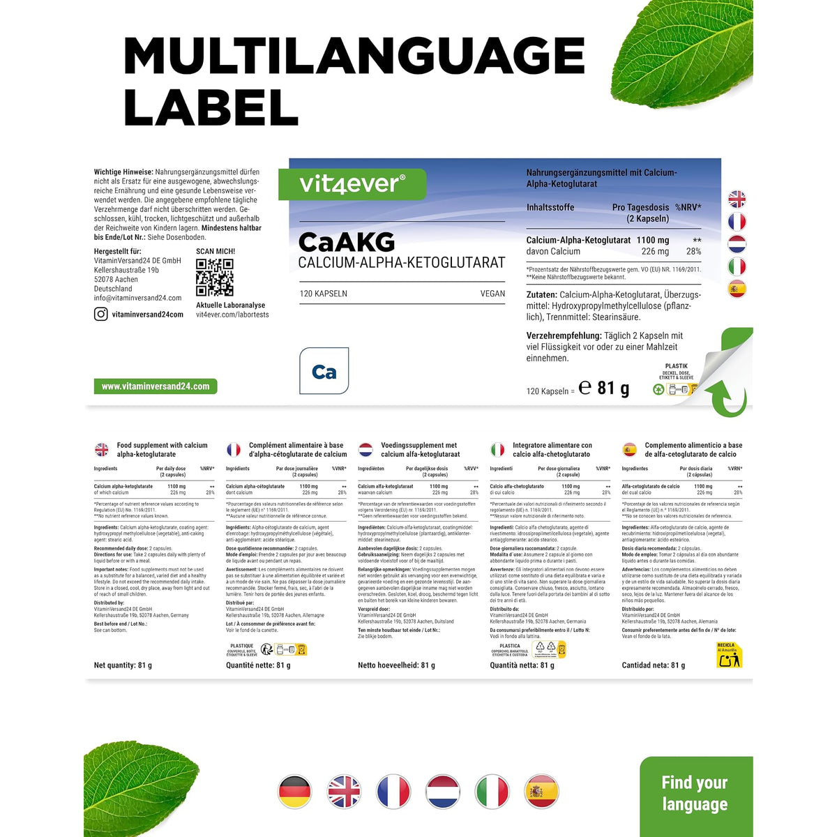 Vit4ever Calcium-Alpha-Ketoglutarat (CaAKG) 120 Kapseln – Verpackung Rückseite