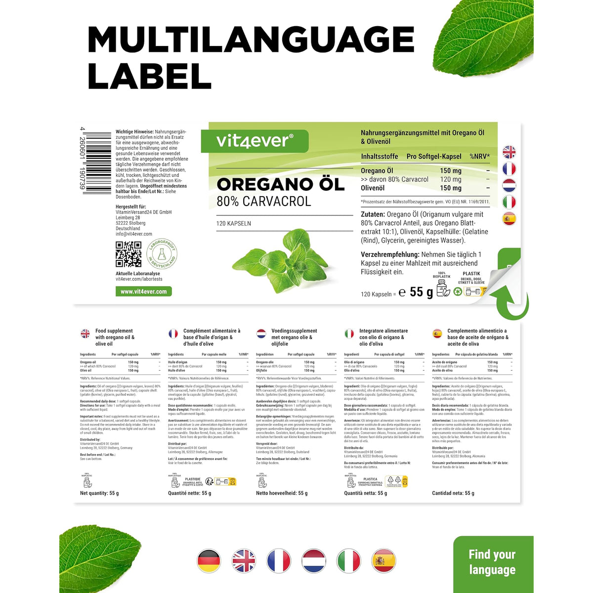 Vit4ever Oregano Öl 150 mg 80% Carvacrol 120 Kapseln – Verpackung Rückseite