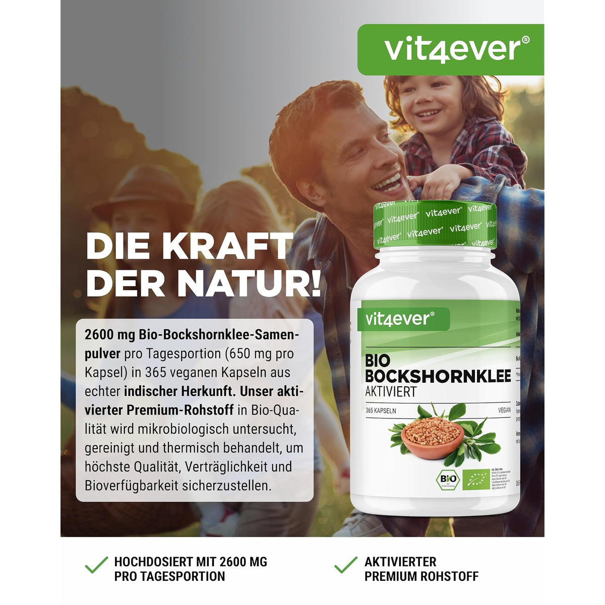 Vit4ever Bio Bockshornklee 2600 mg 365 Kapseln – Etikett mit Inhaltsstoffen und Dosierung