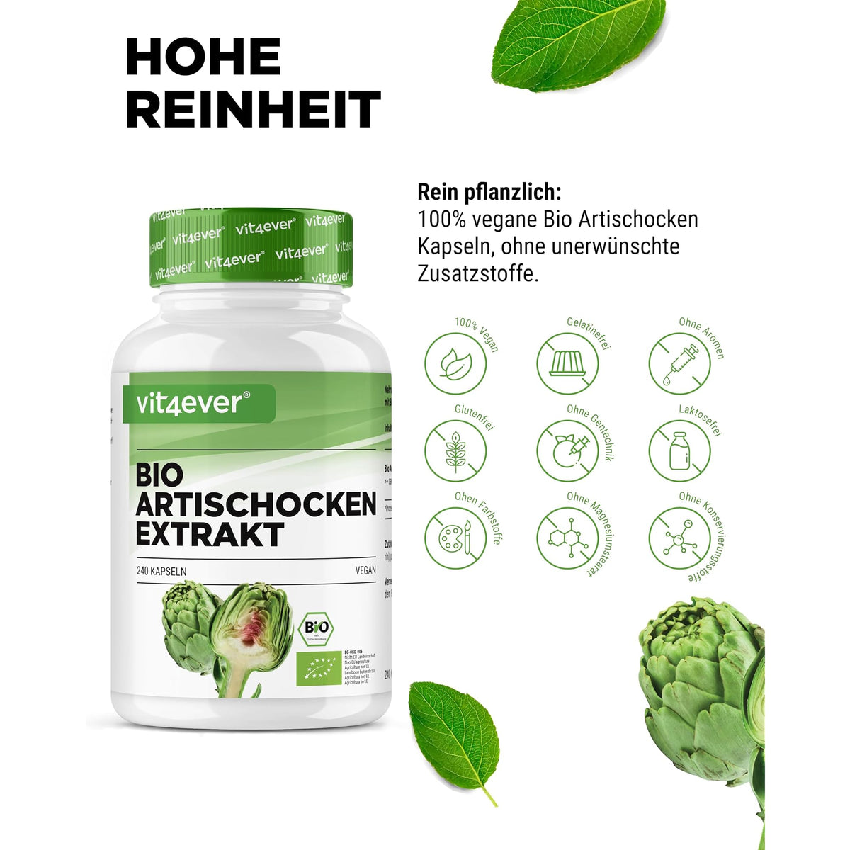 Vit4ever Bio Artischocken-Extrakt 20:1 240 Kapseln – Nährwerte und Zutaten auf der Verpackung