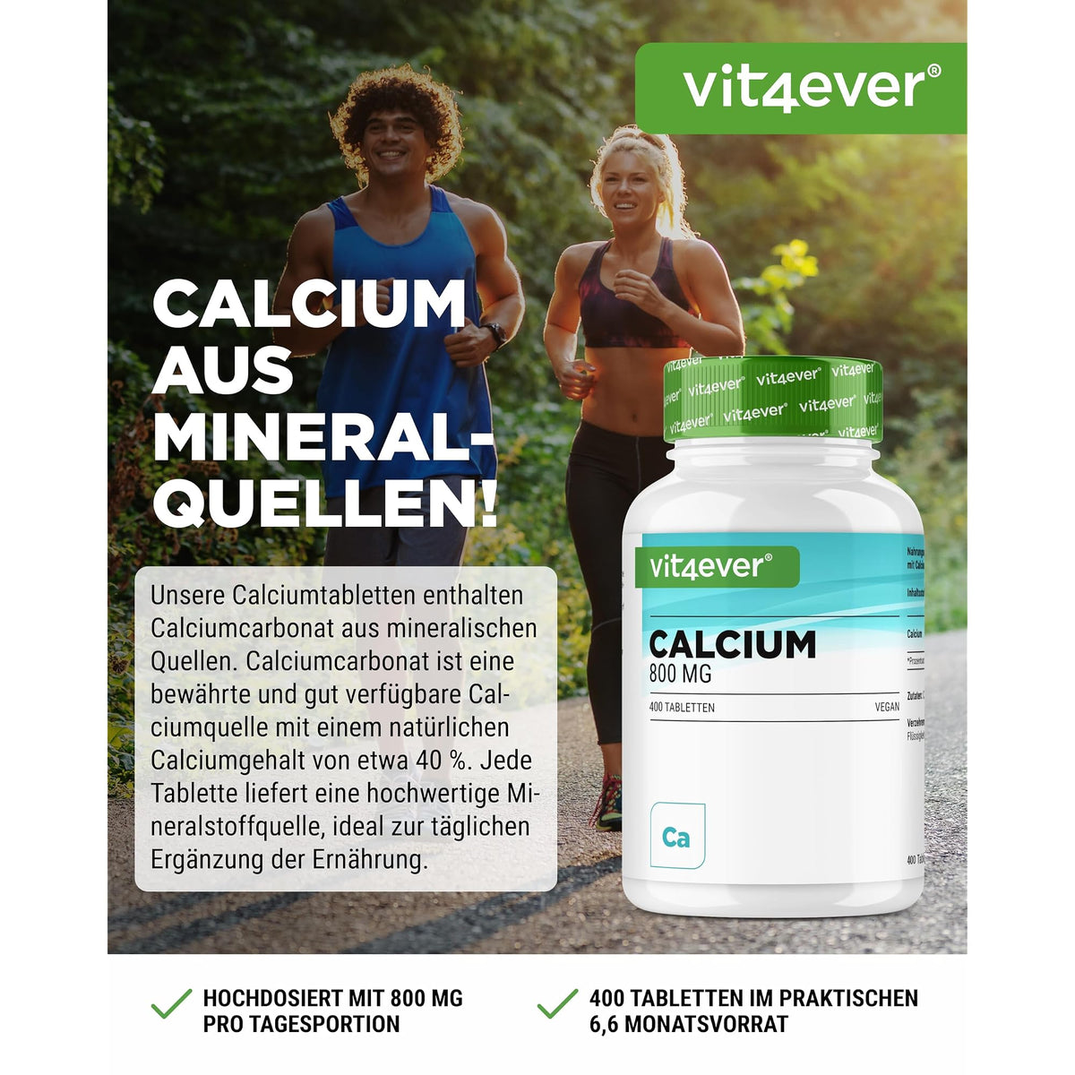 Vit4ever Calcium 800 mg Calciumcarbonat 240 & 365 Tabletten – Etikett mit Inhaltsstoffen und Dosierung