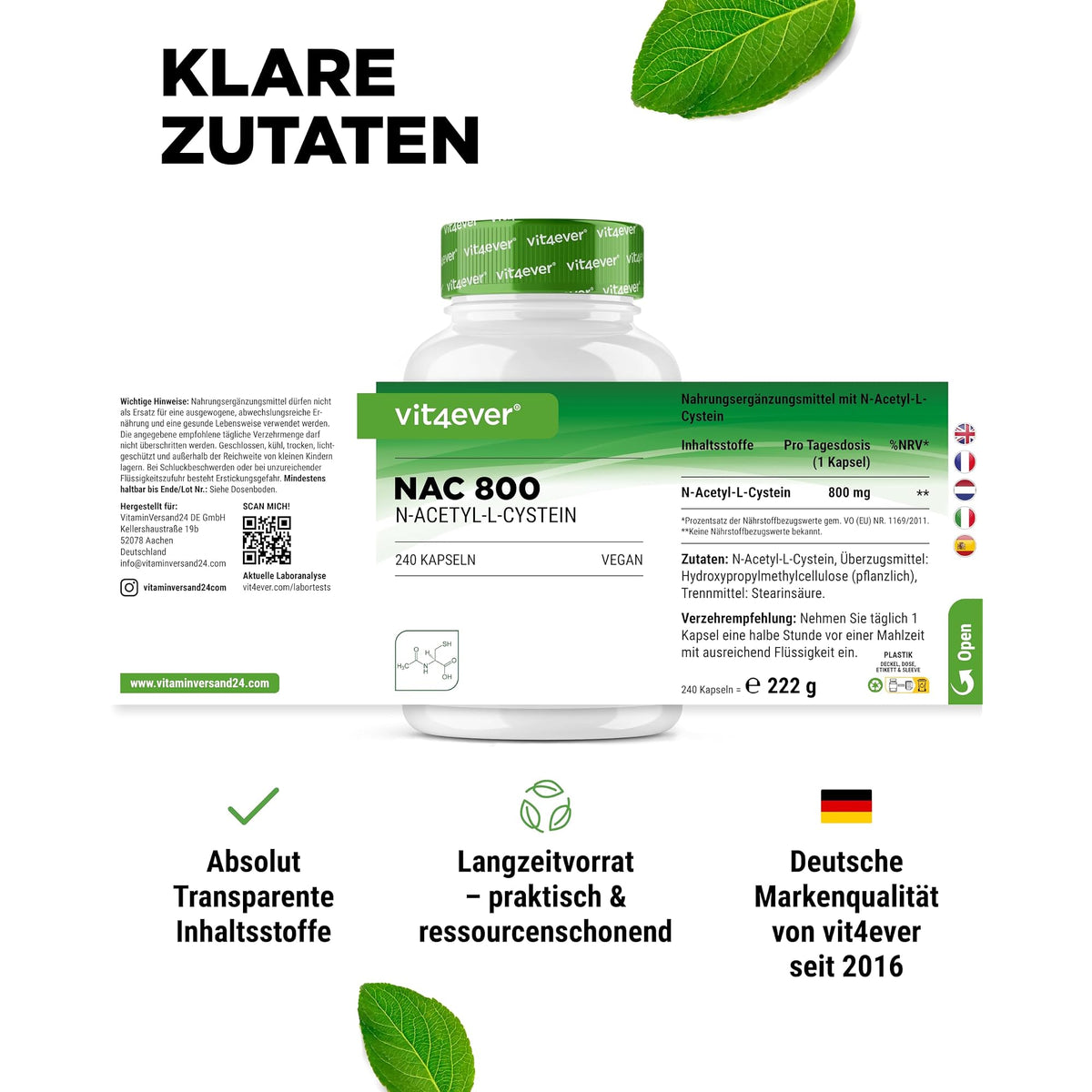 Vit4ever NAC N-Acetyl L-Cystein 800 mg 240 Kapseln – Verpackung Rückseite