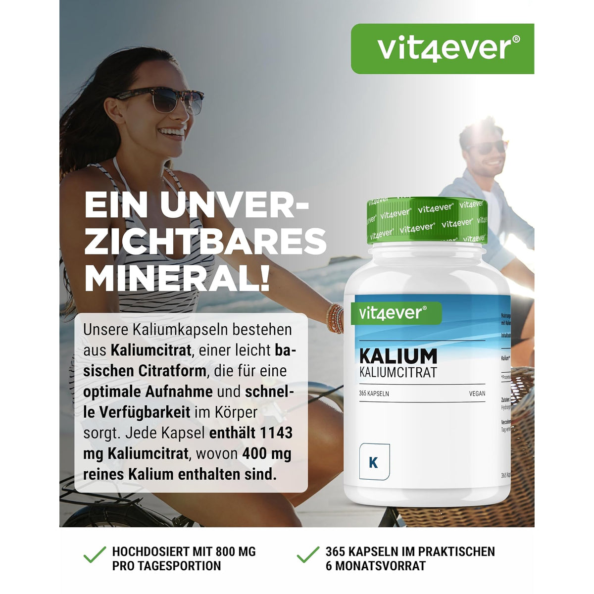 Vit4ever Kaliumcitrat 800 mg 365 Kapseln – Etikett mit Inhaltsstoffen und Dosierung