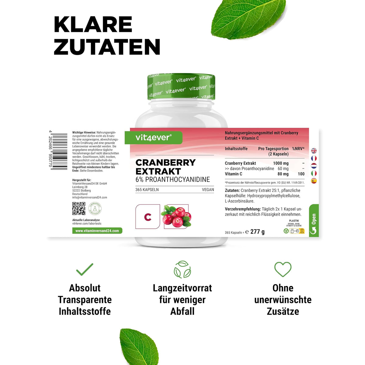 Vit4ever Cranberry-Extrakt 6% Proanthocyanidine 365 Kapseln – empfohlene Anwendung und Einnahme