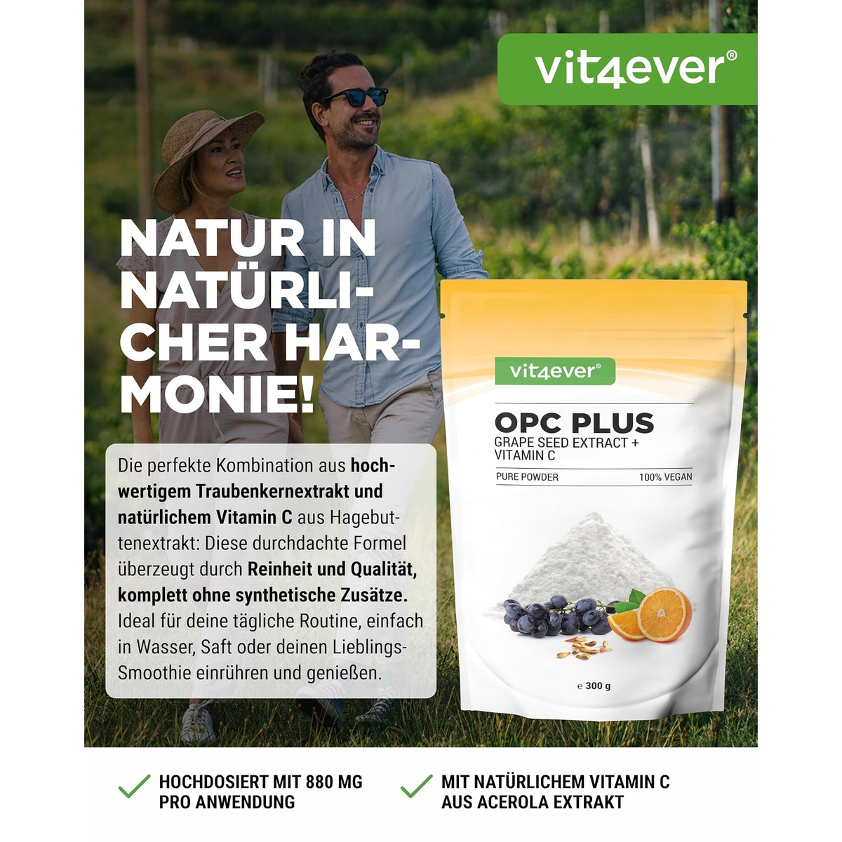 Vit4ever OPC Traubenkernextrakt + Vitamin C Pulver 300g – Etikett mit Inhaltsstoffen und Dosierung