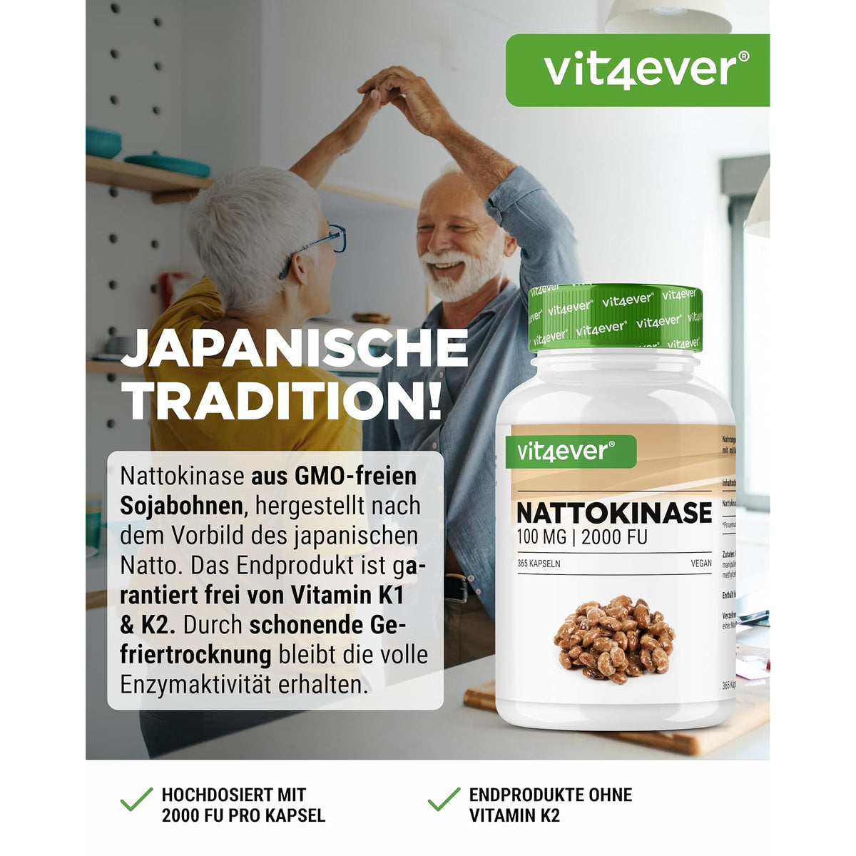 Vit4ever Nattokinase 100mg (2000 FU) 180 / 365 Kapseln – Etikett mit Inhaltsstoffen und Dosierung