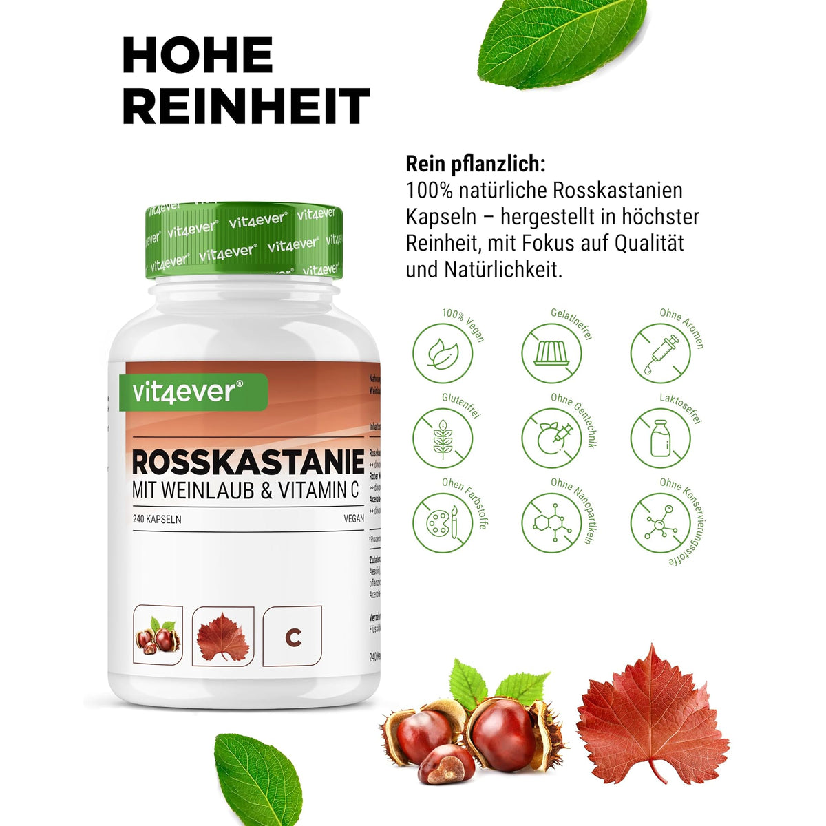 Vit4ever Rosskastanie & Rotes Weinlaub mit Vitamin C 240 Kapseln – Nährwerte und Zutaten auf der Verpackung