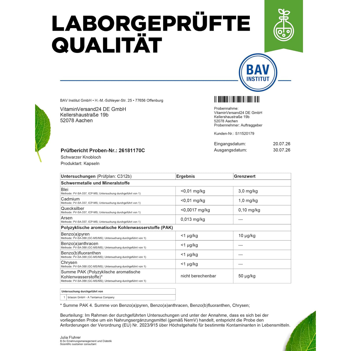 Vit4ever Schwarzer Knoblauch Extrakt 15:1 mit S-Allylcystein 180 Kapseln – Produktdetail des Etiketts