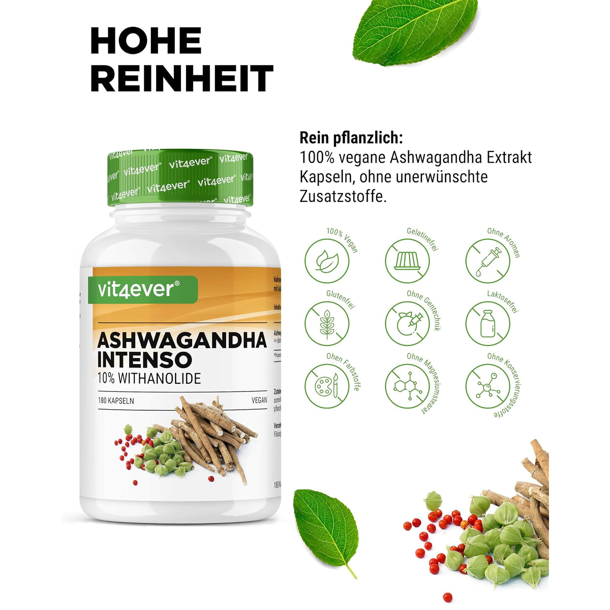 Vit4ever Ashwagandha-Extrakt 1500mg – 10% Withanolide 180 Kapseln – Nährwerte und Zutaten auf der Verpackung