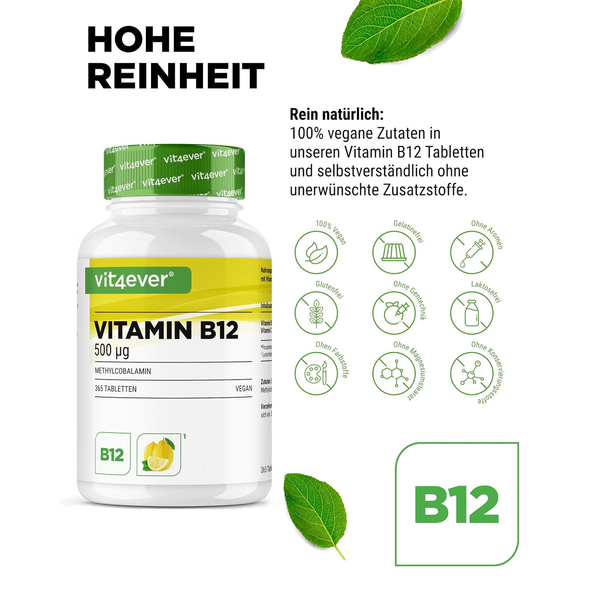 Vit4ever Vitamin B12 500 µg Zitrone (Methylcobalamin) 365 Lutschtabletten – Nährwerte und Zutaten auf der Verpackung