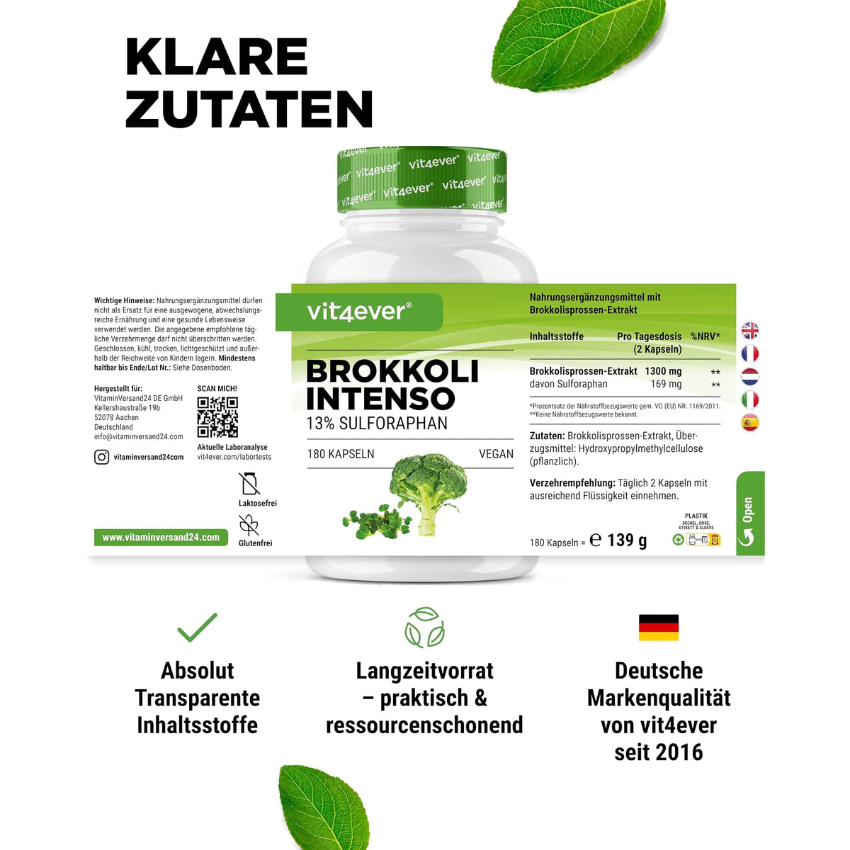 Vit4ever Brokkolisprossen-Extrakt 13% Sulforaphan 180 Kapseln – Verpackung Rückseite