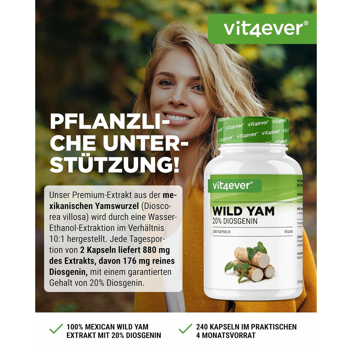 Vit4ever Mexikanischer Wild Yam Wurzelextrakt 20% Diosgenin 240 Kapseln – Etikett mit Inhaltsstoffen und Dosierung
