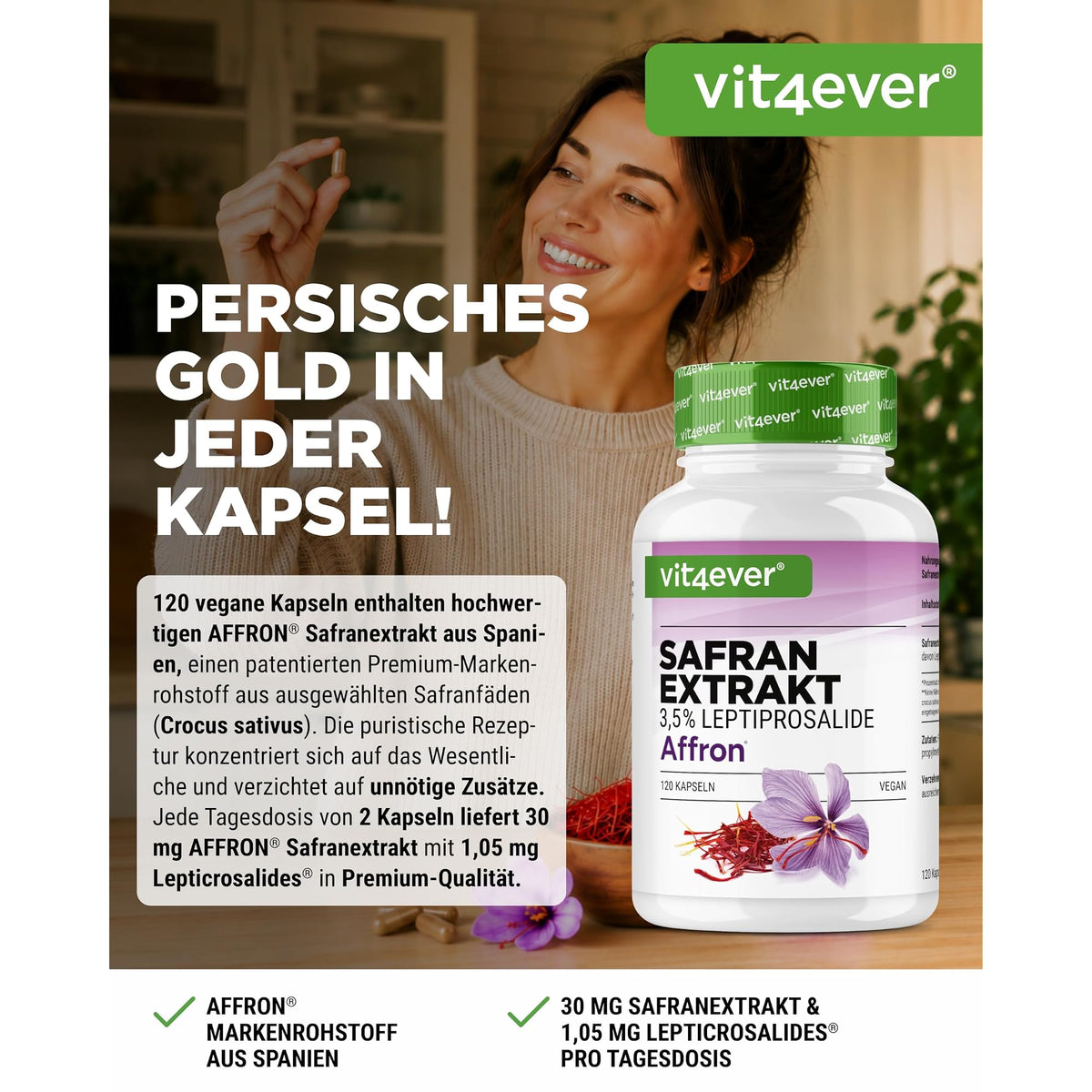 Vit4ever Safran-Extrakt Affron 30mg 120 Kapseln – Etikett mit Inhaltsstoffen und Dosierung