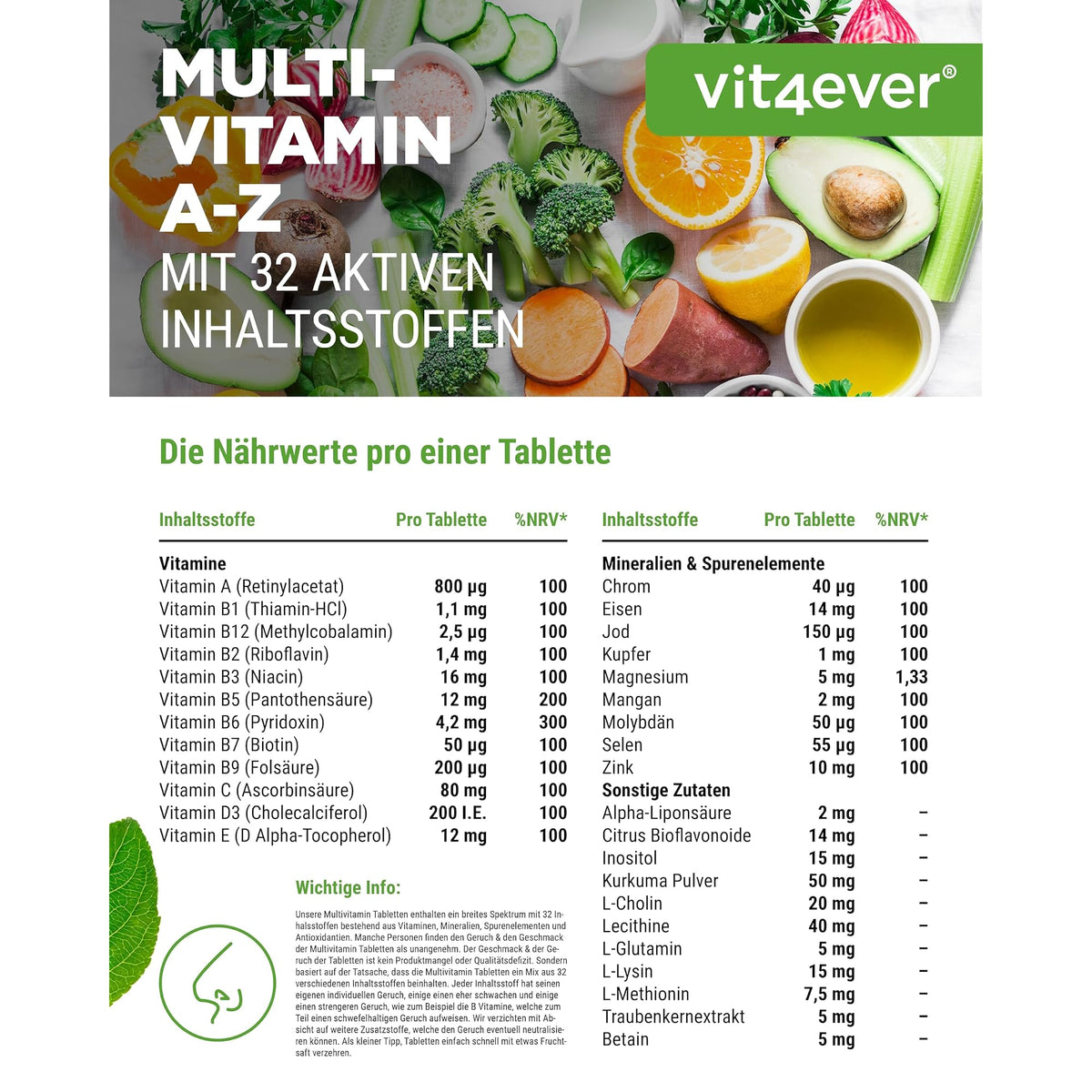 Vit4ever Multivitamin A-Z + Aminosäuren + Mineralien 365 Tabletten – Produkt aus der Nähe
