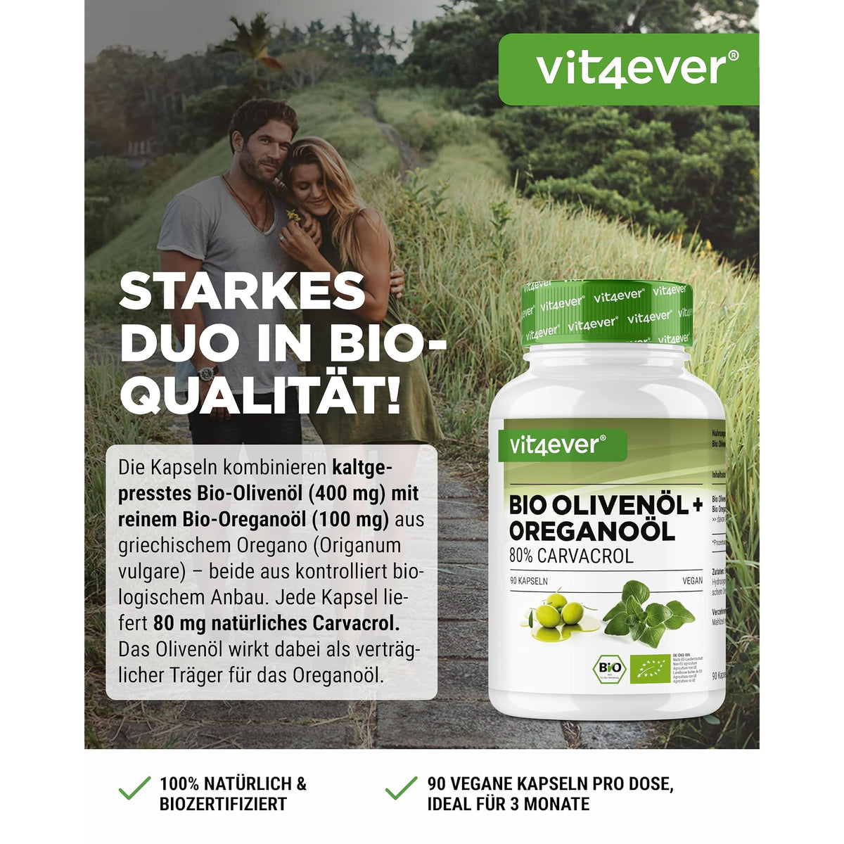 Vit4ever Bio Oregano-Öl 80% Carvacrol 90 Kapseln – Etikett mit Inhaltsstoffen und Dosierung
