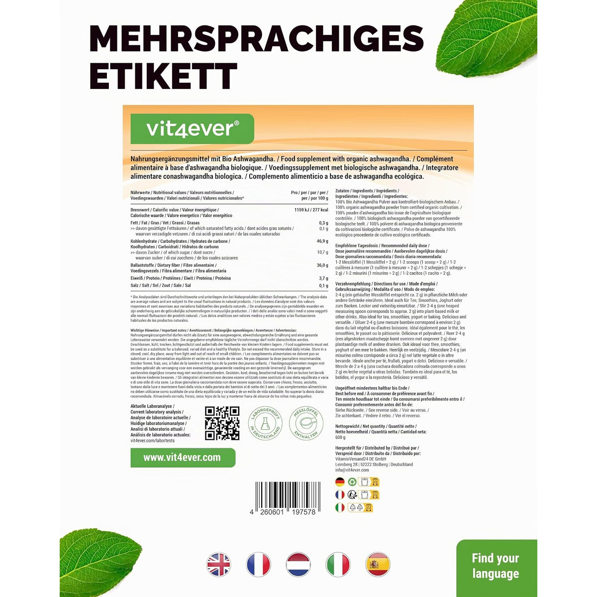 Vit4ever Ashwagandha Pulver Bio 600g – Verpackung Rückseite
