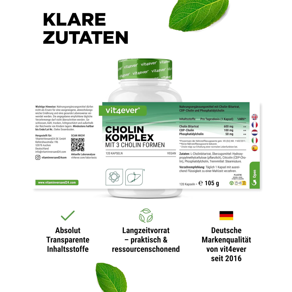 Vit4ever Cholin-Komplex mit 3 Formen 120 Kapseln – empfohlene Anwendung und Einnahme