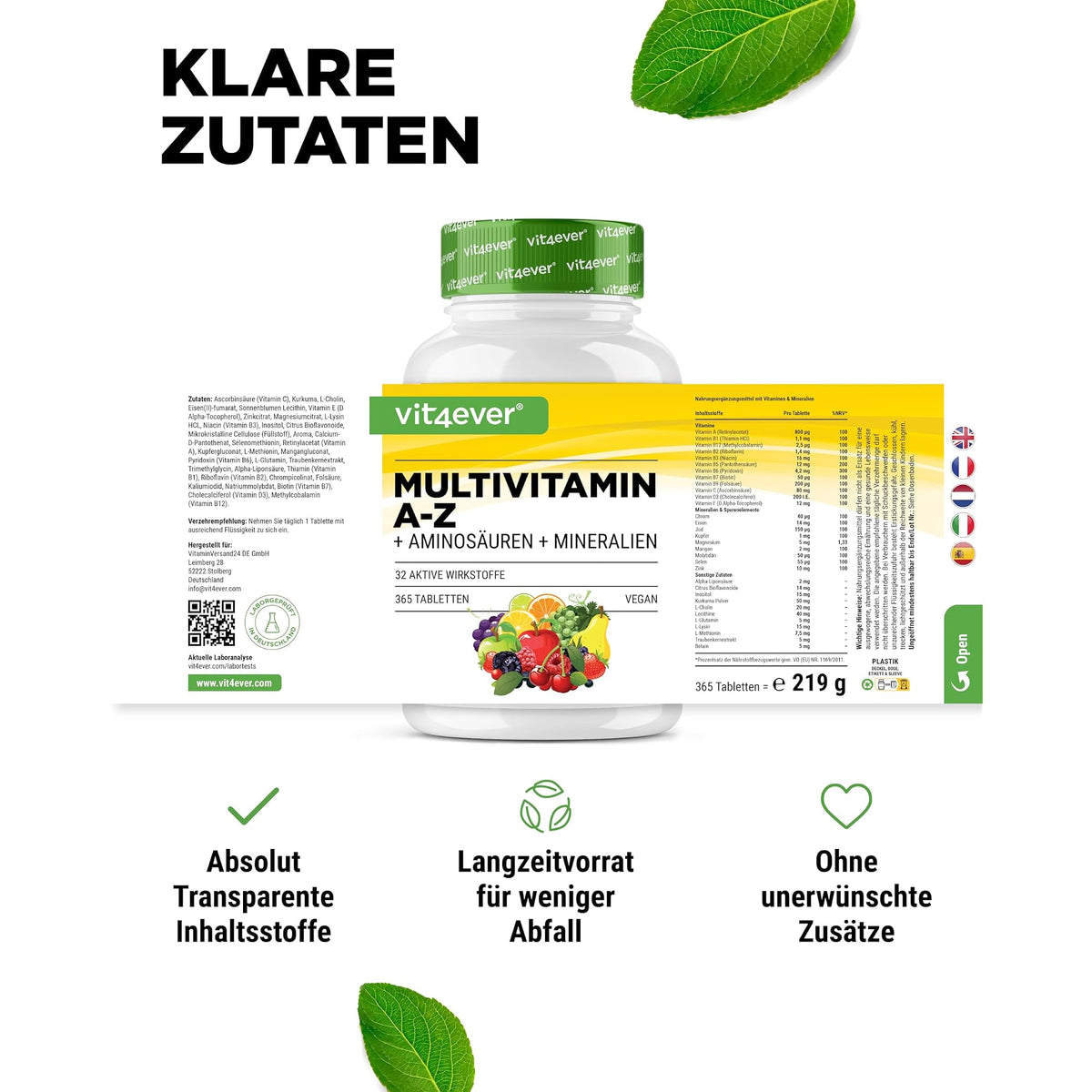 Vit4ever Multivitamin A-Z + Aminosäuren + Mineralien 365 Tabletten – Produktdetail des Etiketts
